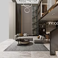 Elegant Modern Dining and Living Room Interior With Open Marble Sofa Dining Table And Staircase