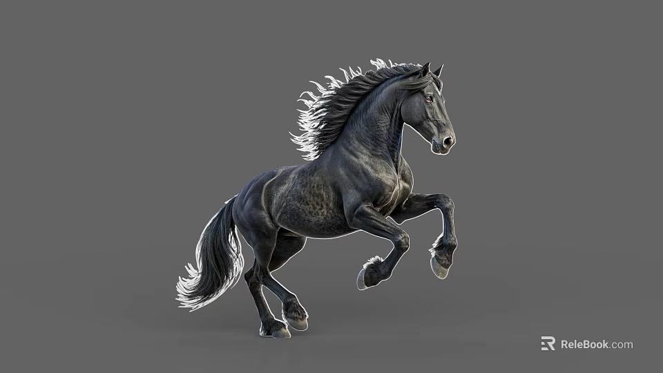 Black Horse Running With Flowing Mane And Tail Against Gray Background 3d model 