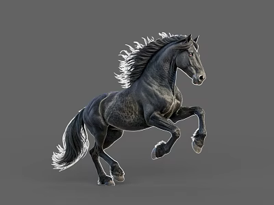 Black Horse Running With Flowing Mane And Tail Against Gray Background 3d model