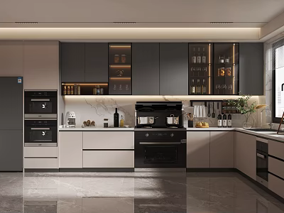Modern Kitchen Interior Design With Marble Island Countertop And Cabinets Appliances 3d model