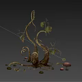 Curved Vines With Green Leaves Mushrooms Small Stones And Grass On Black Background