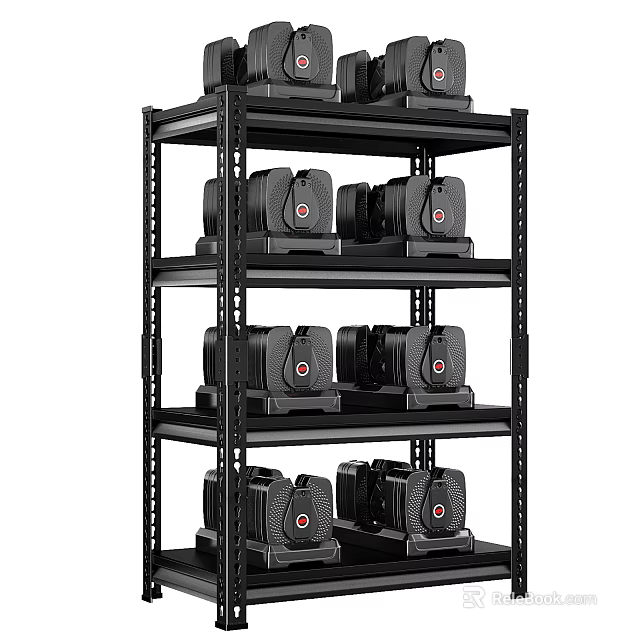 Black Multi Tiered Shelving Unit with Black Equipment and Red Logo 3d model