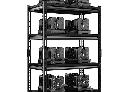 Black Multi Tiered Shelving Unit with Black Equipment and Red Logo 3d model