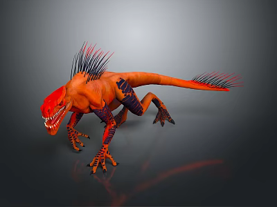 Orange Dinosaur Like Game Or Movie Character with Black Stripes Sharp Teeth And Aggressive Spikes 3d model