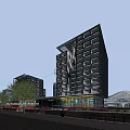 Modern Office Building With Glass Facade Geometric Design And Vertical Greenery Near Pedestrians Trees