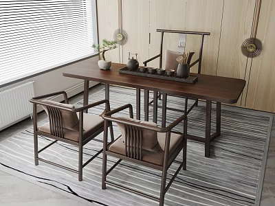 Modern Tea Table and Chairs with Wooden Tabletop Tea Set Potted Plant on Gray Rug 3d model