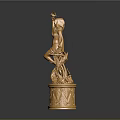 Golden Female Statue With Bird In Hand And Decorative Pedestal