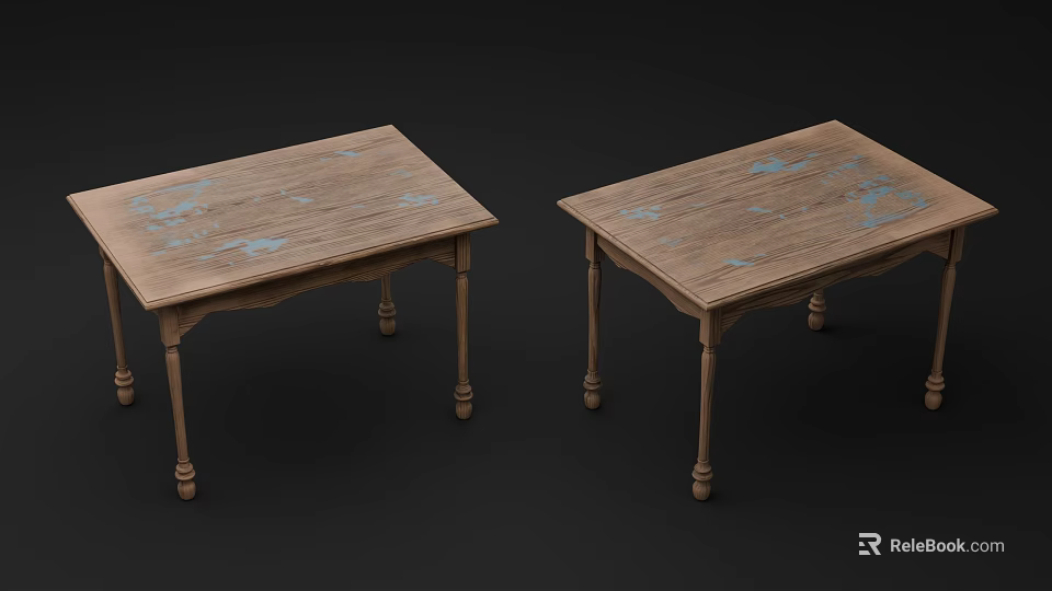 Wooden Desks With Blue Floral Patterns On Surface And Decorative Legs 3d model 