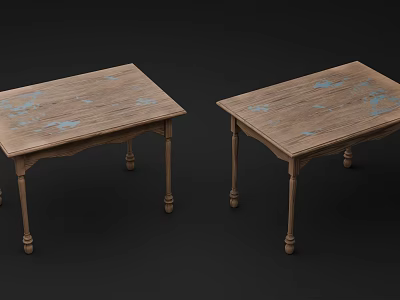 Wooden Desks With Blue Floral Patterns On Surface And Decorative Legs 3d model