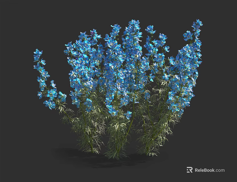Beautiful Lush Blue Flower Clusters With Green Stems On Black Background 3d model 