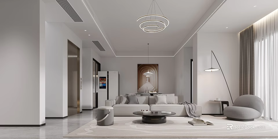 Modern Living And Dining Room With Sofa Coffee Table Circular Chandelier Decorative Painting And Rug 3d model 