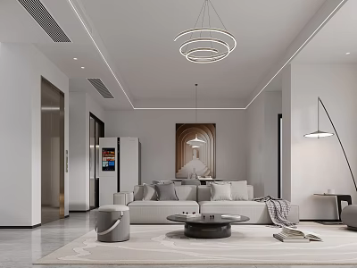 Modern Living And Dining Room With Sofa Coffee Table Circular Chandelier Decorative Painting And Rug 3d model
