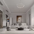 Modern Living And Dining Room With Sofa Coffee Table Circular Chandelier Decorative Painting And Rug