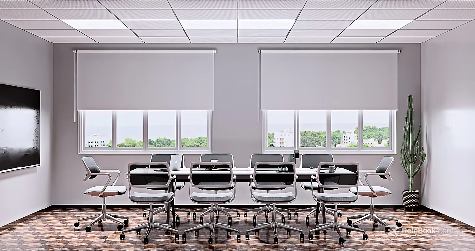 Modern Meeting Room Interior With Long Table Chairs Windows Blinds And Wooden Floor 3d model 