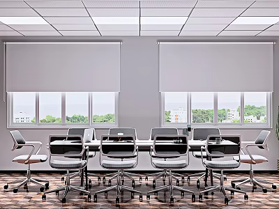 Modern Meeting Room Interior With Long Table Chairs Windows Blinds And Wooden Floor 3d model