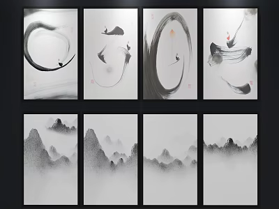Chinese Ink Landscape Wall Art With Mountain Cloud And Abstract Brush Strokes On Multiple Panels 3d model