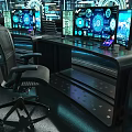 High Tech Control Room With Multiple Display Screens Glowing Circular Rings And Central Globe 3d model
