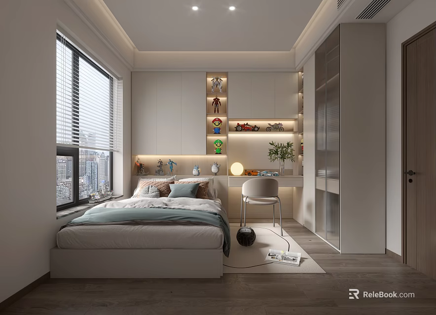 Tatami Bedroom Interior Design With Window Blinds Built in Storage Cabinets And Small Desk 3d model 