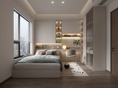 Tatami Bedroom Interior Design With Window Blinds Built in Storage Cabinets And Small Desk 3d model