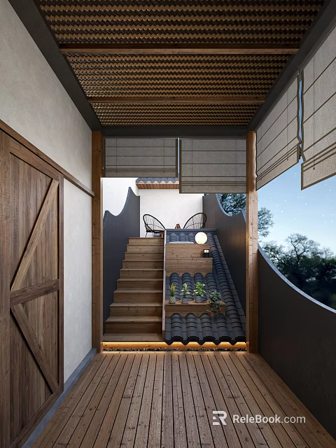 Villa Balcony Design With Wooden Staircase Potted Plants Tile Roof And Natural View 3d model 