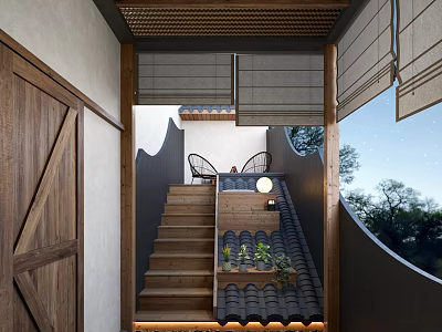 Villa Balcony Design With Wooden Staircase Potted Plants Tile Roof And Natural View 3d model