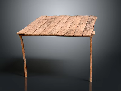 Vintage Rustic Wooden Table With Square Planked Top Distressed Texture And Curved Legs 3d model