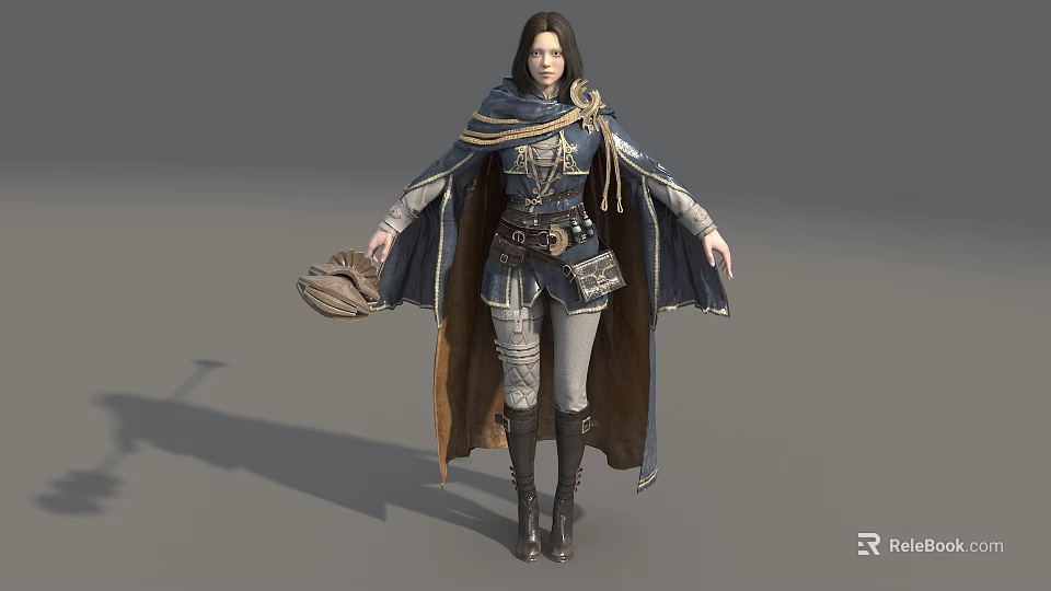 Game Movie Female Character In Blue Brown Cloak Belt Pouch Hat Gray Pants Boots 3d model 