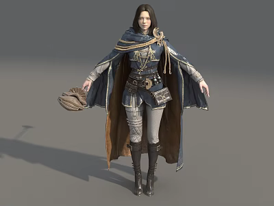 Game Movie Female Character In Blue Brown Cloak Belt Pouch Hat Gray Pants Boots 3d model