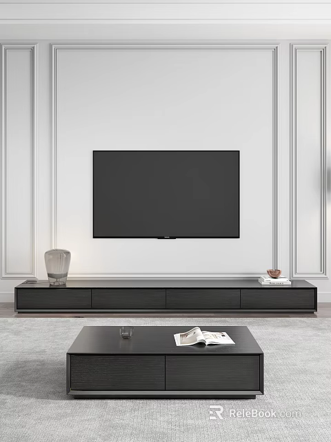 Modern Black TV Stand With Drawers Decorative Vase And Books Below Wall Mounted TV 3d model 