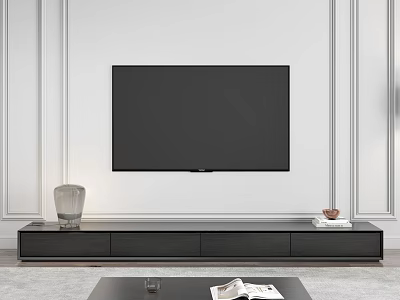 Modern Black TV Stand With Drawers Decorative Vase And Books Below Wall Mounted TV 3d model