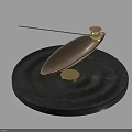 Decorative Ornament Set with Black Stone Base Wooden Leaf Shape Golden Accents and Metal Rod