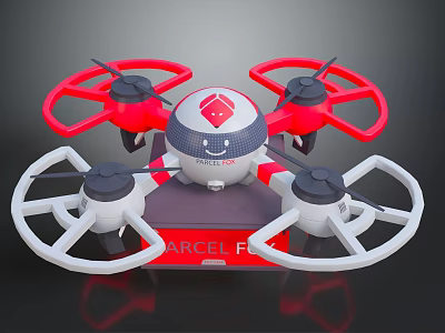 Arcel E Drone With Red And White Propeller Guards Four Propellers And Smiley Face Logo 3d model