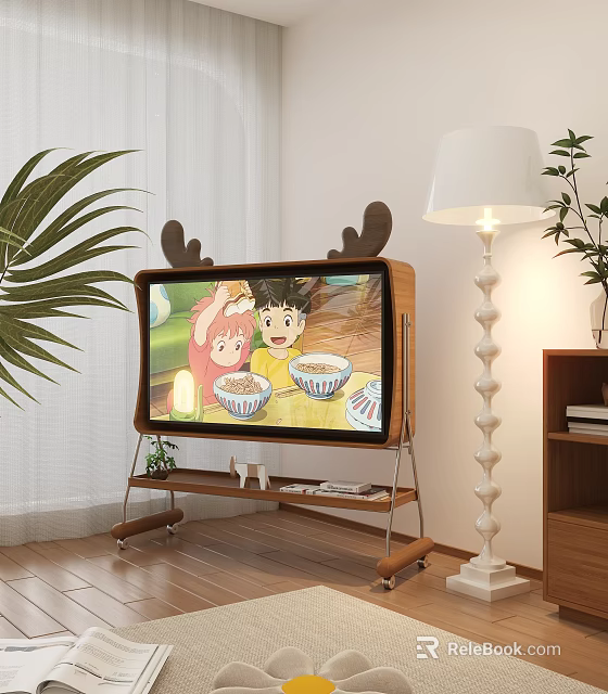 Cozy TV Background Wall Interior With TV Stand Plants Floor Lamp and Children on Screen 3d model 