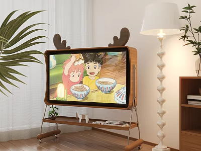 Cozy TV Background Wall Interior With TV Stand Plants Floor Lamp and Children on Screen 3d model