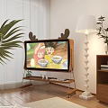 Cozy TV Background Wall Interior With TV Stand Plants Floor Lamp and Children on Screen