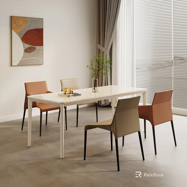 Modern Dining Table Set With White Rectangular Top Orange Beige Chairs 3d model