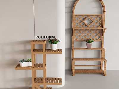 Modern Wooden Shelving Unit With Layered Structure And Potted Plants For Home Interior 3d model