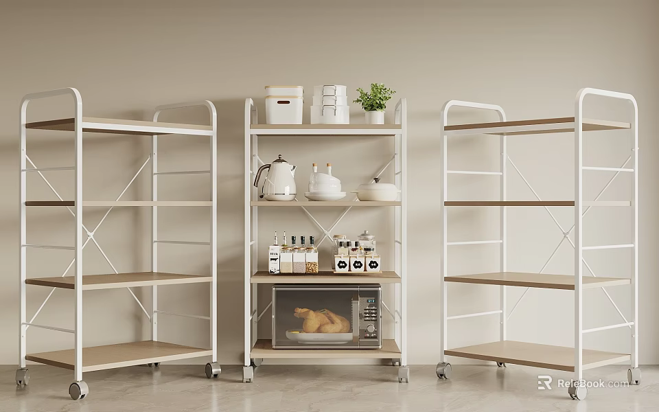 Kitchen Storage Shelving Units With White Metal Frame Wooden Shelves And Wheels 3d model 