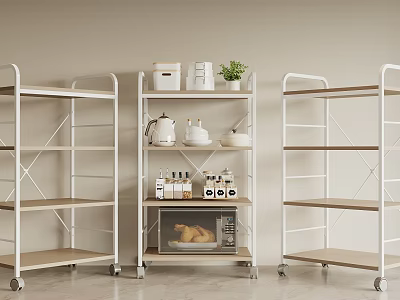 Kitchen Storage Shelving Units With White Metal Frame Wooden Shelves And Wheels 3d model