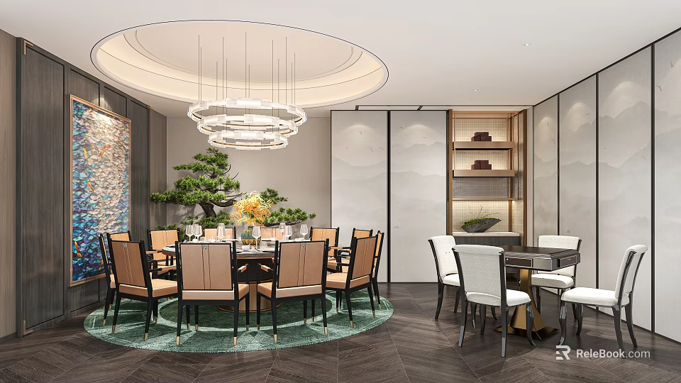 Private Room With Round Table Chairs Chandelier And Plants 3d model