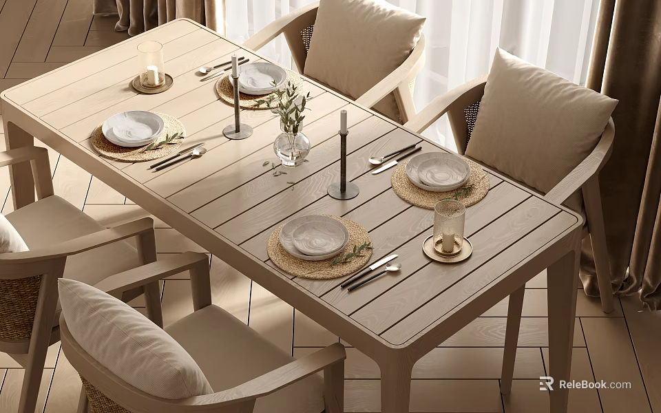 Natural Dining Table Set with Chairs Plates Cutlery Candles Vases and Placemats 3d model 