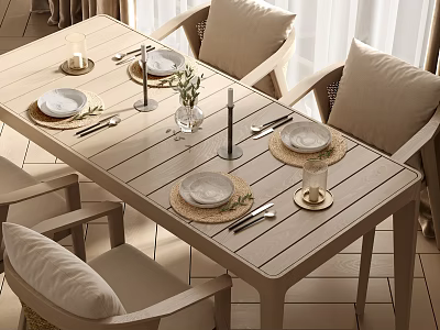 Natural Dining Table Set with Chairs Plates Cutlery Candles Vases and Placemats 3d model