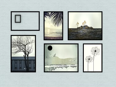 Six Wall Art Prints Collection with Blank Frame Palm Leaf Seaside View Tree Moon Dandelion 3d model