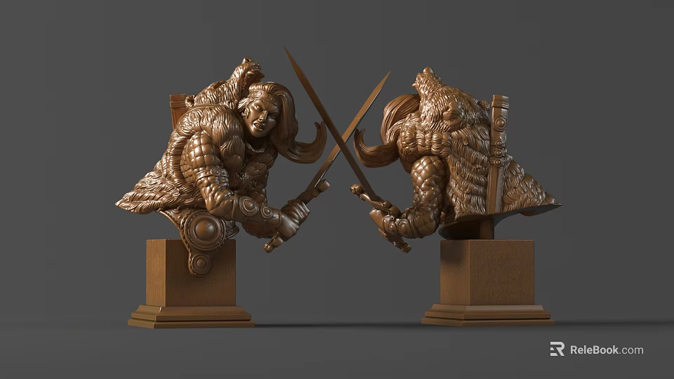 Carved Warrior Sculptures With Crossed Swords Intricate Armor And Wooden Bases 3d model 