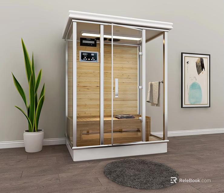 Modern Shower Sauna with Wooden Interior Glass Door Seating Bench and Potted Plant 3d model 