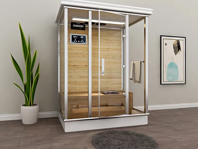 Modern Shower Sauna with Wooden Interior Glass Door Seating Bench and Potted Plant 3d model