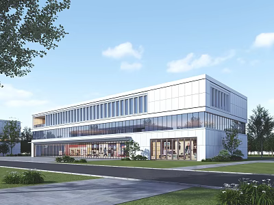 Modern Industrial Factory Building With Large Glass Windows Contemporary Exterior And Greenery 3d model