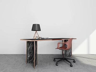 Modern Desk With Black Top Brass Legs Marble Accent Pink Chair And Table Lamp 3d model