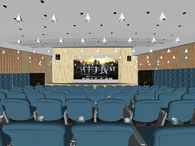 Modern Cinema Interior With Comfortable Blue Seats Large Screen And Ceiling Lights 3d model
