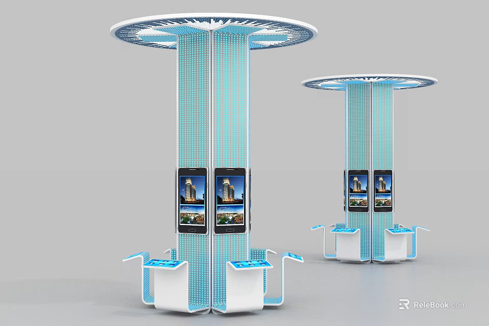 Blue Cylindrical Public Facilities With Circular Top Display Screens And Small Counters At Base 3d model